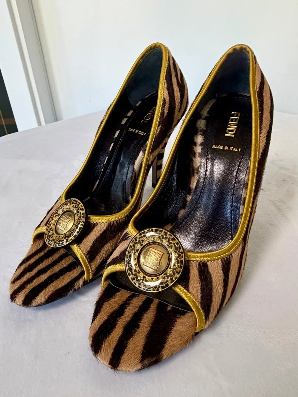Fendi Calfhair Zebra Peep-Toe Heel, Gold Flagship Emblem, 36.5, some balding - Picture 7 of 16